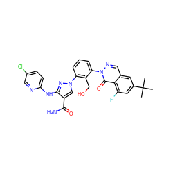 CC(C)(C)c1cc(F)c2c(=O)n(-c3cccc(-n4cc(C(N)=O)c(Nc5ccc(Cl)cn5)n4)c3CO)ncc2c1 ZINC000143557180