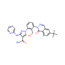 CC(C)(C)c1cc(F)c2c(=O)n(-c3cccc(-n4cc(C(N)=O)c(Nc5cnccn5)n4)c3CO)ncc2c1 ZINC000143255084