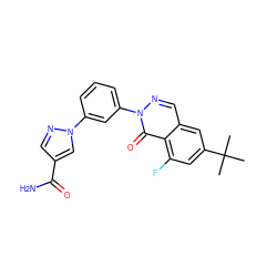 CC(C)(C)c1cc(F)c2c(=O)n(-c3cccc(-n4cc(C(N)=O)cn4)c3)ncc2c1 ZINC000143331993