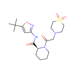 CC(C)(C)c1cc(NC(=O)[C@@H]2CCCCN2C(=O)CN2CCS(=O)(=O)CC2)no1 ZINC000205496093