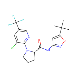 CC(C)(C)c1cc(NC(=O)[C@@H]2CCCN2c2ncc(C(F)(F)F)cc2Cl)no1 ZINC000068245136