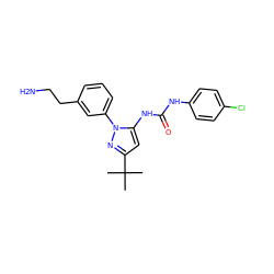 CC(C)(C)c1cc(NC(=O)Nc2ccc(Cl)cc2)n(-c2cccc(CCN)c2)n1 ZINC000064528242