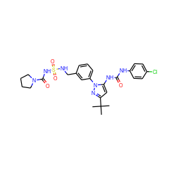 CC(C)(C)c1cc(NC(=O)Nc2ccc(Cl)cc2)n(-c2cccc(CNS(=O)(=O)NC(=O)N3CCCC3)c2)n1 ZINC000064539021