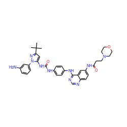 CC(C)(C)c1cc(NC(=O)Nc2ccc(Nc3ncnc4ccc(NC(=O)CCN5CCOCC5)cc34)cc2)n(-c2cccc(N)c2)n1 ZINC000096273046