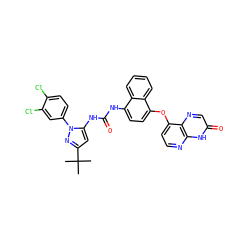 CC(C)(C)c1cc(NC(=O)Nc2ccc(Oc3ccnc4[nH]c(=O)cnc34)c3ccccc23)n(-c2ccc(Cl)c(Cl)c2)n1 ZINC000199102905