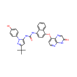 CC(C)(C)c1cc(NC(=O)Nc2ccc(Oc3ccnc4[nH]c(=O)cnc34)c3ccccc23)n(-c2ccc(O)cc2)n1 ZINC000199094494