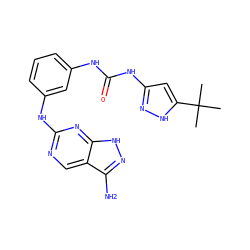 CC(C)(C)c1cc(NC(=O)Nc2cccc(Nc3ncc4c(N)n[nH]c4n3)c2)n[nH]1 ZINC000084732132