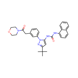 CC(C)(C)c1cc(NC(=O)Nc2cccc3ccccc23)n(-c2cccc(CC(=O)N3CCOCC3)c2)n1 ZINC000043131565