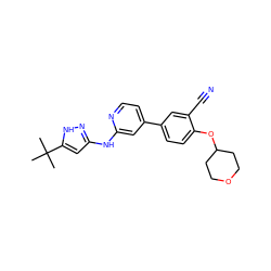 CC(C)(C)c1cc(Nc2cc(-c3ccc(OC4CCOCC4)c(C#N)c3)ccn2)n[nH]1 ZINC000146688695