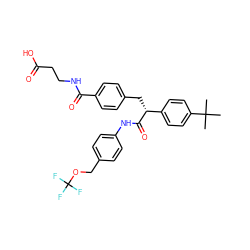 CC(C)(C)c1ccc([C@@H](Cc2ccc(C(=O)NCCC(=O)O)cc2)C(=O)Nc2ccc(COC(F)(F)F)cc2)cc1 ZINC000026172298