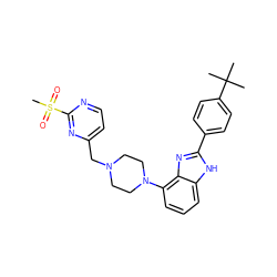 CC(C)(C)c1ccc(-c2nc3c(N4CCN(Cc5ccnc(S(C)(=O)=O)n5)CC4)cccc3[nH]2)cc1 ZINC000040954236