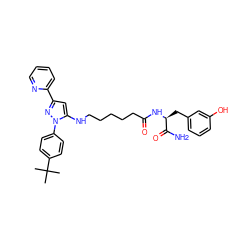 CC(C)(C)c1ccc(-n2nc(-c3ccccn3)cc2NCCCCCC(=O)N[C@@H](Cc2cccc(O)c2)C(N)=O)cc1 ZINC000028900484