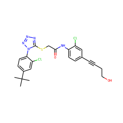 CC(C)(C)c1ccc(-n2nnnc2SCC(=O)Nc2ccc(C#CCCO)cc2Cl)c(Cl)c1 ZINC000028823596