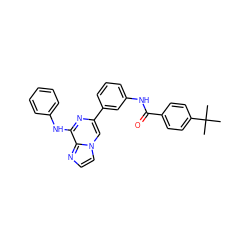 CC(C)(C)c1ccc(C(=O)Nc2cccc(-c3cn4ccnc4c(Nc4ccccc4)n3)c2)cc1 ZINC000084714008