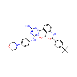 CC(C)(C)c1ccc(C(=O)Nc2cccc(-c3nc(N)nc(Nc4ccc(N5CCOCC5)cc4)n3)c2CO)cc1 ZINC000206136161