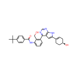 CC(C)(C)c1ccc(C(=O)Nc2cccc(-c3ncnc4[nH]c(C5=CC[C@@H](O)CC5)cc34)c2CO)cc1 ZINC000142965633