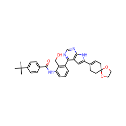 CC(C)(C)c1ccc(C(=O)Nc2cccc(-c3ncnc4[nH]c(C5=CCC6(CC5)OCCO6)cc34)c2CO)cc1 ZINC000142922856