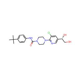 CC(C)(C)c1ccc(NC(=O)N2CCN(c3ncc([C@H](O)CO)cc3Cl)CC2)cc1 ZINC000043200362