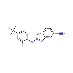 CC(C)(C)c1ccc(Nc2nc3cc(C#N)ccc3[nH]2)c(F)c1 ZINC000084688075