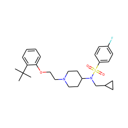 CC(C)(C)c1ccccc1OCCN1CCC(N(CC2CC2)S(=O)(=O)c2ccc(F)cc2)CC1 ZINC000653810003