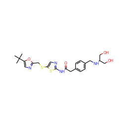 CC(C)(C)c1cnc(CSc2cnc(NC(=O)Cc3ccc(CNC(CO)CO)cc3)s2)o1 ZINC000003992371