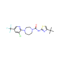 CC(C)(C)c1csc(NC(=O)N2CCCN(c3ncc(C(F)(F)F)cc3Cl)CC2)n1 ZINC000059275616