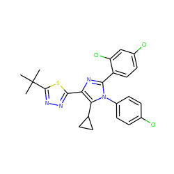 CC(C)(C)c1nnc(-c2nc(-c3ccc(Cl)cc3Cl)n(-c3ccc(Cl)cc3)c2C2CC2)s1 ZINC000040933405