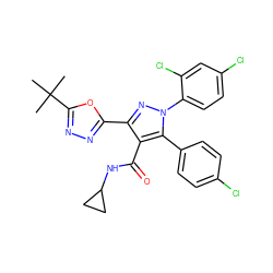 CC(C)(C)c1nnc(-c2nn(-c3ccc(Cl)cc3Cl)c(-c3ccc(Cl)cc3)c2C(=O)NC2CC2)o1 ZINC000049872128