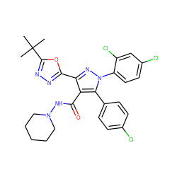 CC(C)(C)c1nnc(-c2nn(-c3ccc(Cl)cc3Cl)c(-c3ccc(Cl)cc3)c2C(=O)NN2CCCCC2)o1 ZINC000049872222