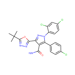 CC(C)(C)c1nnc(-c2nn(-c3ccc(Cl)cc3Cl)c(-c3ccc(Cl)cc3)c2C(N)=O)o1 ZINC000040394482