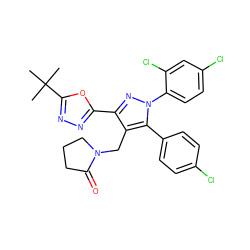 CC(C)(C)c1nnc(-c2nn(-c3ccc(Cl)cc3Cl)c(-c3ccc(Cl)cc3)c2CN2CCCC2=O)o1 ZINC000049877468