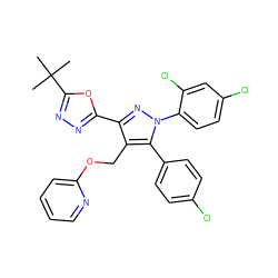 CC(C)(C)c1nnc(-c2nn(-c3ccc(Cl)cc3Cl)c(-c3ccc(Cl)cc3)c2COc2ccccn2)o1 ZINC000042888968