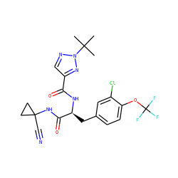 CC(C)(C)n1ncc(C(=O)N[C@@H](Cc2ccc(OC(F)(F)F)c(Cl)c2)C(=O)NC2(C#N)CC2)n1 ZINC001772599977