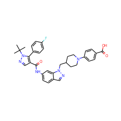 CC(C)(C)n1ncc(C(=O)Nc2ccc3cnn(CC4CCN(c5ccc(C(=O)O)cc5)CC4)c3c2)c1-c1ccc(F)cc1 ZINC000137153400