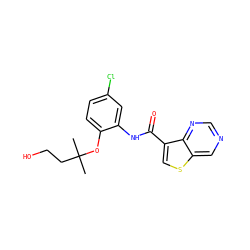 CC(C)(CCO)Oc1ccc(Cl)cc1NC(=O)c1csc2cncnc12 ZINC000113650486