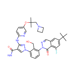 CC(C)(CN1CCC1)Oc1ccc(Nc2nn(-c3cccc(-n4ncc5cc(C(C)(C)C)cc(F)c5c4=O)c3CO)cc2C(N)=O)nc1 ZINC000169702088