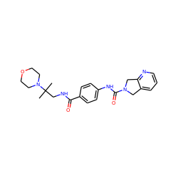 CC(C)(CNC(=O)c1ccc(NC(=O)N2Cc3cccnc3C2)cc1)N1CCOCC1 ZINC000166117933