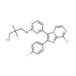 CC(C)(CO)CNc1nccc(-c2c(-c3ccc(F)cc3)nc3c(Cl)nccn23)n1 ZINC000063540198