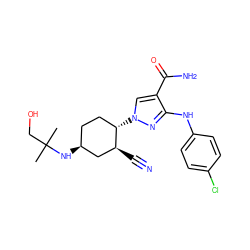 CC(C)(CO)N[C@H]1CC[C@H](n2cc(C(N)=O)c(Nc3ccc(Cl)cc3)n2)[C@@H](C#N)C1 ZINC000222978487