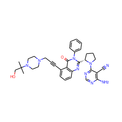 CC(C)(CO)N1CCN(CC#Cc2cccc3nc([C@@H]4CCCN4c4ncnc(N)c4C#N)n(-c4ccccc4)c(=O)c23)CC1 ZINC001772588191