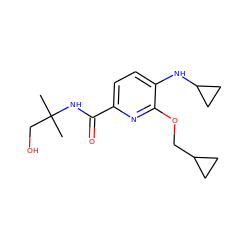 CC(C)(CO)NC(=O)c1ccc(NC2CC2)c(OCC2CC2)n1 ZINC000207734190