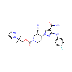 CC(C)(COC(=O)N1CC[C@@H](n2cc(C(N)=O)c(Nc3ccc(F)cc3)n2)[C@H](C#N)C1)n1cccn1 ZINC000221255563