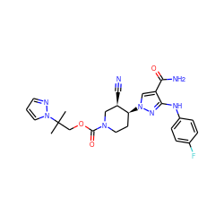 CC(C)(COC(=O)N1CC[C@H](n2cc(C(N)=O)c(Nc3ccc(F)cc3)n2)[C@H](C#N)C1)n1cccn1 ZINC000221255855