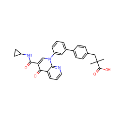 CC(C)(Cc1ccc(-c2cccc(-n3cc(C(=O)NC4CC4)c(=O)c4cccnc43)c2)cc1)C(=O)O ZINC000038431730