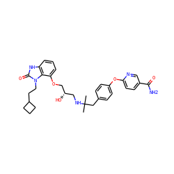 CC(C)(Cc1ccc(Oc2ccc(C(N)=O)cn2)cc1)NC[C@H](O)COc1cccc2[nH]c(=O)n(CCC3CCC3)c12 ZINC000038151182