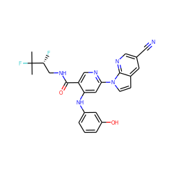 CC(C)(F)[C@H](F)CNC(=O)c1cnc(-n2ccc3cc(C#N)cnc32)cc1Nc1cccc(O)c1 ZINC001772581253