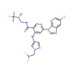 CC(C)(F)[C@H](F)CNC(=O)c1cnc(-n2cnc3cc(Cl)cnc32)cc1Nc1cnn(CC(F)F)c1 ZINC001772630260