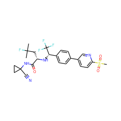 CC(C)(F)C[C@H](N[C@@H](c1ccc(-c2ccc(S(C)(=O)=O)nc2)cc1)C(F)(F)F)C(=O)NC1(C#N)CC1 ZINC000049762875