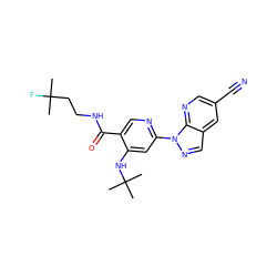 CC(C)(F)CCNC(=O)c1cnc(-n2ncc3cc(C#N)cnc32)cc1NC(C)(C)C ZINC001772611352