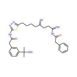 CC(C)(N)c1cccc(CC(=O)Nc2nnc(CCCCC(=N)CCC(=N)NC(=O)Cc3ccccc3)s2)c1 ZINC000169698661